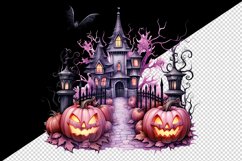 Watercolor Pink Halloween night pumpkins castle haunted house Jack-o-lantern 20oz tumbler skinny mug wrap clipart t-shirt sublimation printable design