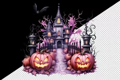 Watercolor Pink Halloween night pumpkins castle haunted house Jack-o-lantern 20oz tumbler skinny mug wrap clipart t-shirt sublimation printable design
