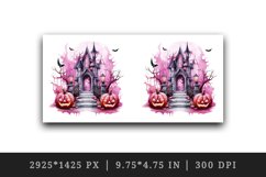 Watercolor Pink Halloween night pumpkins castle haunted house Jack-o-lantern 20oz tumbler skinny mug wrap clipart t-shirt sublimation printable design