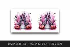 Watercolor Pink Halloween night pumpkins castle haunted house Jack-o-lantern 20oz tumbler skinny mug wrap clipart t-shirt sublimation printable design