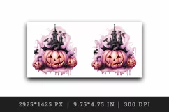 Watercolor Pink Halloween night pumpkins castle haunted house Jack-o-lantern 20oz tumbler skinny mug wrap clipart t-shirt sublimation printable design