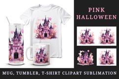 Watercolor Pink Halloween night pumpkins castle haunted house Jack-o-lantern 20oz tumbler skinny mug wrap clipart t-shirt sublimation printable design
