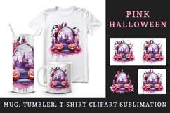 Watercolor Pink Halloween night pumpkins castle haunted house Jack-o-lantern 20oz tumbler skinny mug wrap clipart t-shirt sublimation printable design