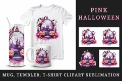 Watercolor Pink Halloween night pumpkins castle haunted house Jack-o-lantern 20oz tumbler skinny mug wrap clipart t-shirt sublimation printable design