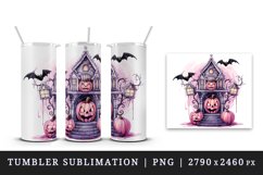 Watercolor Pink Halloween night pumpkins castle haunted house Jack-o-lantern 20oz tumbler skinny mug wrap clipart t-shirt sublimation printable design