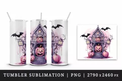 Watercolor Pink Halloween night pumpkins castle haunted house Jack-o-lantern 20oz tumbler skinny mug wrap clipart t-shirt sublimation printable design