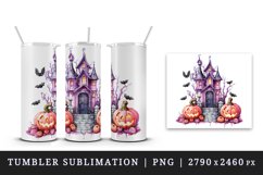 Watercolor Pink Halloween night pumpkins castle haunted house Jack-o-lantern 20oz tumbler skinny mug wrap clipart t-shirt sublimation printable design