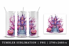 Watercolor Pink Halloween night pumpkins castle haunted house Jack-o-lantern 20oz tumbler skinny mug wrap clipart t-shirt sublimation printable design