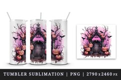 Watercolor Pink Halloween night pumpkins castle haunted house Jack-o-lantern 20oz tumbler skinny mug wrap clipart t-shirt sublimation printable design