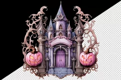 Watercolor Pink Halloween night pumpkins castle haunted house Jack-o-lantern 20oz tumbler skinny mug wrap clipart t-shirt sublimation printable design