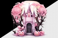Watercolor Pink Halloween night pumpkins castle haunted house Jack-o-lantern 20oz tumbler skinny mug wrap clipart t-shirt sublimation printable design