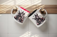 Watercolor Pink Halloween night pumpkins castle haunted house Jack-o-lantern 20oz tumbler skinny mug wrap clipart t-shirt sublimation printable design