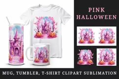 Watercolor Pink Halloween night pumpkins castle haunted house Jack-o-lantern 20oz tumbler skinny mug wrap clipart t-shirt sublimation printable design