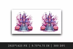 Watercolor Pink Halloween night pumpkins castle haunted house Jack-o-lantern 20oz tumbler skinny mug wrap clipart t-shirt sublimation printable design