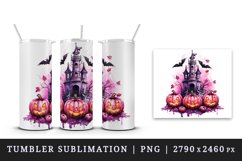 Watercolor Pink Halloween night pumpkins castle haunted house Jack-o-lantern 20oz tumbler skinny mug wrap clipart t-shirt sublimation printable design