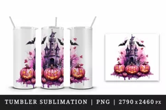Watercolor Pink Halloween night pumpkins castle haunted house Jack-o-lantern 20oz tumbler skinny mug wrap clipart t-shirt sublimation printable design