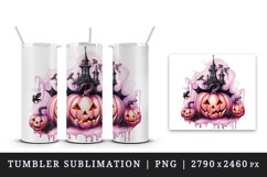 Watercolor Pink Halloween night pumpkins castle haunted house Jack-o-lantern 20oz tumbler skinny mug wrap clipart t-shirt sublimation printable design