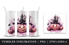 Watercolor Pink Halloween night pumpkins castle haunted house Jack-o-lantern 20oz tumbler skinny mug wrap clipart t-shirt sublimation printable design