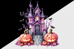 Watercolor Pink Halloween night pumpkins castle haunted house Jack-o-lantern 20oz tumbler skinny mug wrap clipart t-shirt sublimation printable design