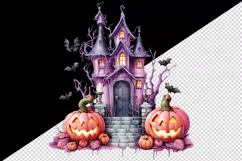 Watercolor Pink Halloween night pumpkins castle haunted house Jack-o-lantern 20oz tumbler skinny mug wrap clipart t-shirt sublimation printable design