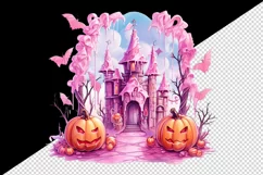 Watercolor Pink Halloween night pumpkins castle haunted house Jack-o-lantern 20oz tumbler skinny mug wrap clipart t-shirt sublimation printable design