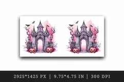 Watercolor Pink Halloween night pumpkins castle haunted house Jack-o-lantern 20oz tumbler skinny mug wrap clipart t-shirt sublimation printable design
