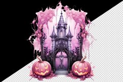 Watercolor Pink Halloween night pumpkins castle haunted house Jack-o-lantern 20oz tumbler skinny mug wrap clipart t-shirt sublimation printable design