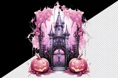 Watercolor Pink Halloween night pumpkins castle haunted house Jack-o-lantern 20oz tumbler skinny mug wrap clipart t-shirt sublimation printable design