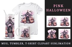 Watercolor Pink Halloween night pumpkins castle haunted house Jack-o-lantern 20oz tumbler skinny mug wrap clipart t-shirt sublimation printable design