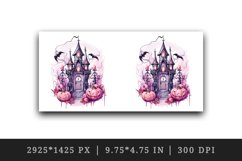 Watercolor Pink Halloween night pumpkins castle haunted house Jack-o-lantern 20oz tumbler skinny mug wrap clipart t-shirt sublimation printable design