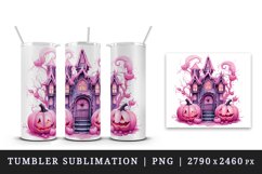 Watercolor Pink Halloween night pumpkins castle haunted house Jack-o-lantern 20oz tumbler skinny mug wrap clipart t-shirt sublimation printable design