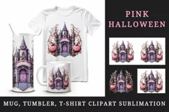 Watercolor Pink Halloween night pumpkins castle haunted house Jack-o-lantern 20oz tumbler skinny mug wrap clipart t-shirt sublimation printable design