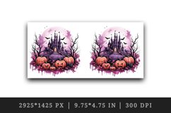 Watercolor Pink Halloween night pumpkins castle haunted house Jack-o-lantern 20oz tumbler skinny mug wrap clipart t-shirt sublimation printable design