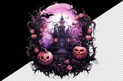 Watercolor Pink Halloween night pumpkins castle haunted house Jack-o-lantern 20oz tumbler skinny mug wrap clipart t-shirt sublimation printable design