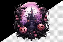 Watercolor Pink Halloween night pumpkins castle haunted house Jack-o-lantern 20oz tumbler skinny mug wrap clipart t-shirt sublimation printable design