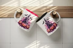 Watercolor Pink Halloween night pumpkins castle haunted house Jack-o-lantern 20oz tumbler skinny mug wrap clipart t-shirt sublimation printable design