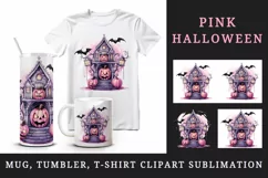 Watercolor Pink Halloween night pumpkins castle haunted house Jack-o-lantern 20oz tumbler skinny mug wrap clipart t-shirt sublimation printable design