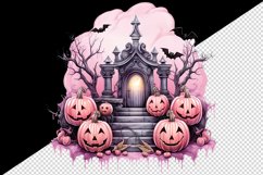 Watercolor Pink Halloween night pumpkins castle haunted house Jack-o-lantern 20oz tumbler skinny mug wrap clipart t-shirt sublimation printable design