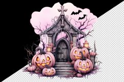 Watercolor Pink Halloween night pumpkins castle haunted house Jack-o-lantern 20oz tumbler skinny mug wrap clipart t-shirt sublimation printable design