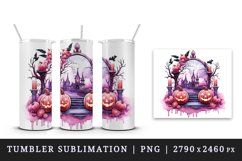 Watercolor Pink Halloween night pumpkins castle haunted house Jack-o-lantern 20oz tumbler skinny mug wrap clipart t-shirt sublimation printable design