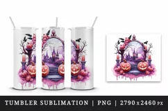 Watercolor Pink Halloween night pumpkins castle haunted house Jack-o-lantern 20oz tumbler skinny mug wrap clipart t-shirt sublimation printable design