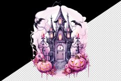 Watercolor Pink Halloween night pumpkins castle haunted house Jack-o-lantern 20oz tumbler skinny mug wrap clipart t-shirt sublimation printable design