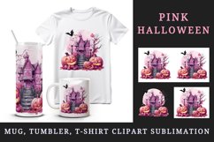 Watercolor Pink Halloween night pumpkins castle haunted house Jack-o-lantern 20oz tumbler skinny mug wrap clipart t-shirt sublimation printable design