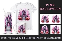 Watercolor Pink Halloween night pumpkins castle haunted house Jack-o-lantern 20oz tumbler skinny mug wrap clipart t-shirt sublimation printable design