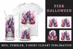 Watercolor Pink Halloween night pumpkins castle haunted house Jack-o-lantern 20oz tumbler skinny mug wrap clipart t-shirt sublimation printable design