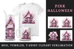 Watercolor Pink Halloween night pumpkins castle haunted house Jack-o-lantern 20oz tumbler skinny mug wrap clipart t-shirt sublimation printable design