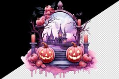 Watercolor Pink Halloween night pumpkins castle haunted house Jack-o-lantern 20oz tumbler skinny mug wrap clipart t-shirt sublimation printable design
