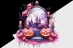 Watercolor Pink Halloween night pumpkins castle haunted house Jack-o-lantern 20oz tumbler skinny mug wrap clipart t-shirt sublimation printable design