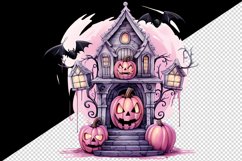 Watercolor Pink Halloween night pumpkins castle haunted house Jack-o-lantern 20oz tumbler skinny mug wrap clipart t-shirt sublimation printable design