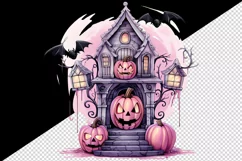 Watercolor Pink Halloween night pumpkins castle haunted house Jack-o-lantern 20oz tumbler skinny mug wrap clipart t-shirt sublimation printable design